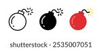 Bomb icon. Boom symbol. Explosion sign. Bomb detonation vector illustration. Explosive red bomb ball cartoon pictogram. Attack and destruction isolated concept. Flat game bomb fuse silhouette.