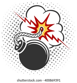 Bomb icon with burning wick. Pop art style cartoon explosion. Vector illustration