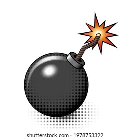 Bomb icon in cartoon comic style with burning fuse and halftone on white background. Isolated vector illustration