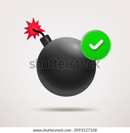 Bomb icon with checkmark. 3d vector icon