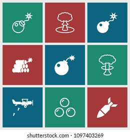 Bomb icon. collection of 9 bomb filled and outline icons such as dynamite, military plane, nuclear explosion, explosion. editable bomb icons for web and mobile.