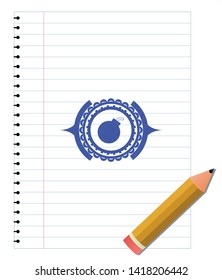 bomb icon emblem with pen effect. Blue ink. Vector Illustration. Detailed.
