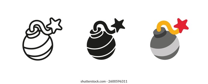 Bomb icon. Explosive device with lit fuse vector illustration. Symbol of danger, detonation and hazard. Destruction and ignition process sign. Safety and emergency pictogram.