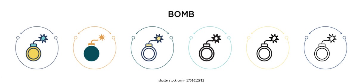 Bomb icon in filled, thin line, outline and stroke style. Vector illustration of two colored and black bomb vector icons designs can be used for mobile, ui, web