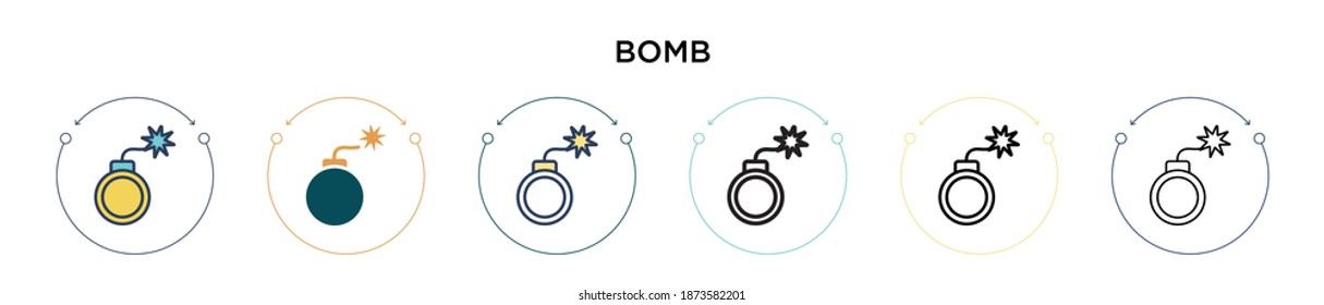 Bomb icon in filled, thin line, outline and stroke style. Vector illustration of two colored and black bomb vector icons designs can be used for mobile, ui, web