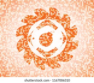 bomb icon inside abstract emblem, orange mosaic background