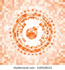 bomb icon inside abstract emblem, orange mosaic background