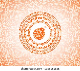 bomb icon inside abstract emblem, orange mosaic background