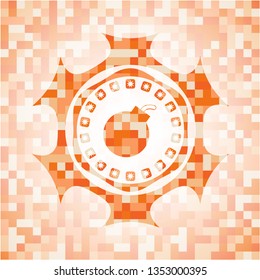 bomb icon inside abstract orange mosaic emblem