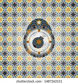 bomb icon inside arabesque badge background. arabic decoration.