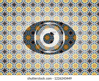bomb icon inside arabic badge background. Arabesque decoration.
