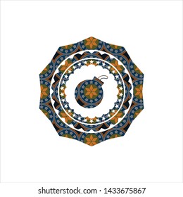 bomb icon inside arabic badge background. Arabesque decoration.