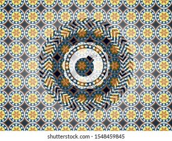 bomb icon inside arabic emblem background. Arabesque decoration.