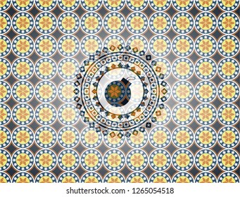 bomb icon inside arabic style badge. Arabesque decoration.