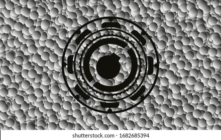 icono de bomba dentro del emblema negro con fondo de burbujas grises. Ilustración vectorial. Detallado.