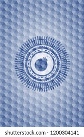 bomb icon inside blue emblem with geometric pattern background.