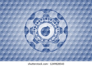 bomb icon inside blue emblem with geometric pattern background.