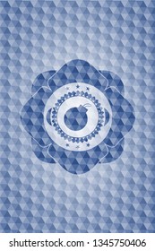 bomb icon inside blue emblem or badge with geometric pattern background.