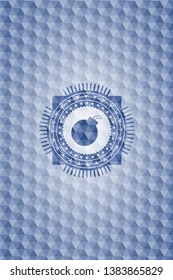 bomb icon inside blue emblem with geometric pattern background.