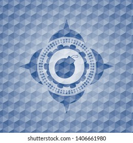 bomb icon inside blue emblem or badge with abstract geometric pattern background.