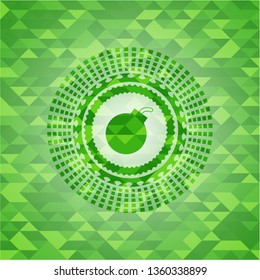 bomb icon inside green emblem with mosaic ecological style background