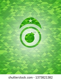 bomb icon inside green emblem. Mosaic background