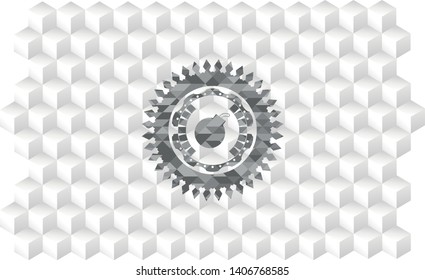 bomb icon inside grey badge with geometric cube white background