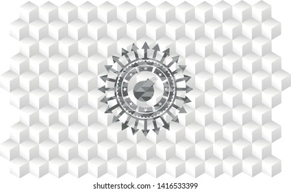 bomb icon inside grey badge with geometric cube white background