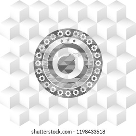 bomb icon inside grey emblem. Vintage with geometric cube white background