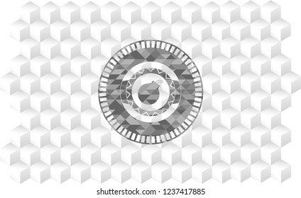 bomb icon inside grey emblem with geometric cube white background