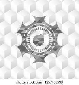 bomb icon inside grey emblem. Retro with geometric cube white background