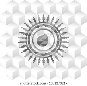 bomb icon inside grey emblem. Vintage with geometric cube white background
