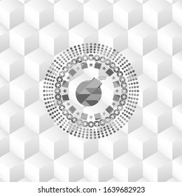 bomb icon inside grey emblem. Retro with geometric cube white background