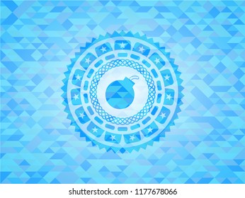 bomb icon inside light blue emblem with triangle mosaic background