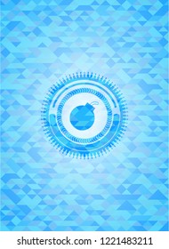 bomb icon inside light blue emblem with triangle mosaic background