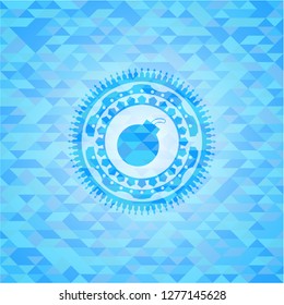bomb icon inside light blue emblem. Mosaic background