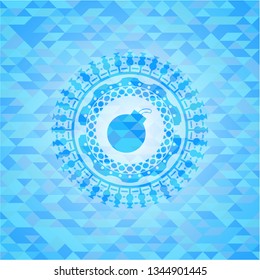bomb icon inside light blue emblem. Mosaic background