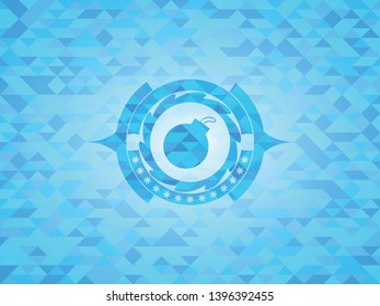 bomb icon inside light blue emblem with triangle mosaic background