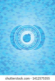 bomb icon inside light blue emblem. Mosaic background