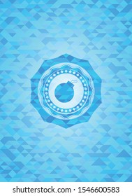 bomb icon inside light blue emblem with triangle mosaic background