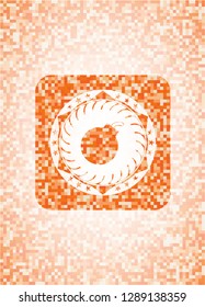 bomb icon inside orange mosaic emblem