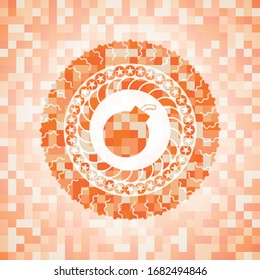 bomb icon inside orange mosaic emblem with background