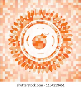 bomb icon inside orange tile background illustration. Square geometric mosaic seamless pattern with emblem inside.