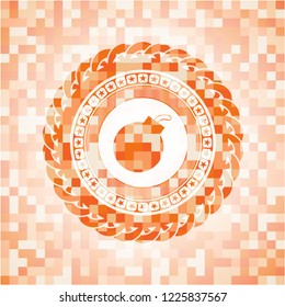 bomb icon inside orange tile background illustration. Square geometric mosaic seamless pattern with emblem inside.
