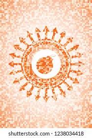 bomb icon inside orange tile background illustration. Square geometric mosaic seamless pattern with emblem inside.