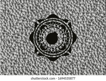 bomb icon inside realistic black emblem with grey bubbles background. Vector Illustration. Detailed.