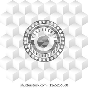 bomb icon inside realistic grey emblem with geometric cube white background