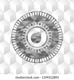 bomb icon inside realistic grey emblem with geometric cube white background
