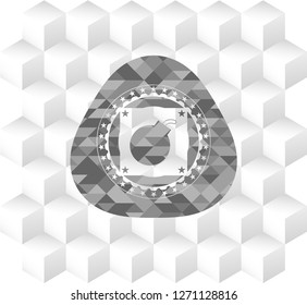 bomb icon inside realistic grey emblem with cube white background