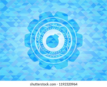 bomb icon inside realistic light blue emblem. Mosaic background